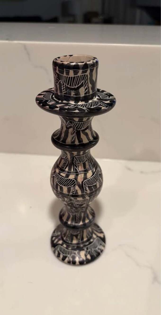 AWESOME!!! Besmo Kenyan soapstone candle holder, hand-carved with a zebra design